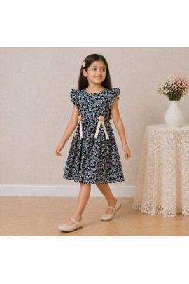 Girls Navy Floral Chiffon Dress with Ruffle Sleeves & Bow Ribbon Detail