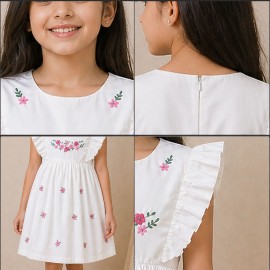 Girls White Cotton Dress with Floral Embroidery & Ruffle Sleeves
