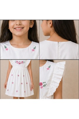 Girls White Cotton Dress with Floral Embroidery & Ruffle Sleeves