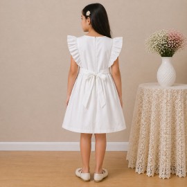Girls White Cotton Dress with Floral Embroidery & Ruffle Sleeves