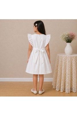 Girls White Cotton Dress with Floral Embroidery & Ruffle Sleeves