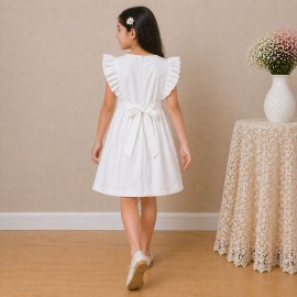 Girls White Cotton Dress with Floral Embroidery & Ruffle Sleeves