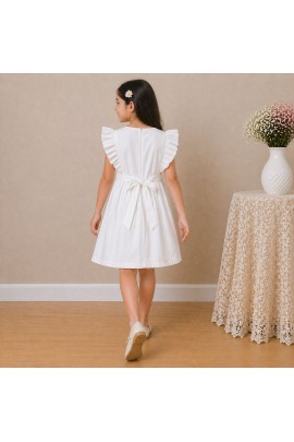 Girls White Cotton Dress with Floral Embroidery & Ruffle Sleeves