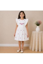 Girls White Cotton Dress with Floral Embroidery & Ruffle Sleeves