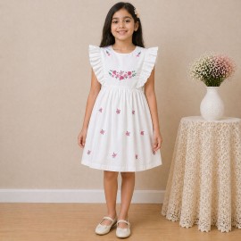 Girls White Cotton Dress with Floral Embroidery & Ruffle Sleeves