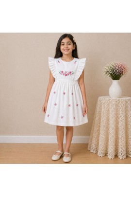 Girls White Cotton Dress with Floral Embroidery & Ruffle Sleeves