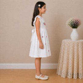 Girls White Cotton Dress with Floral Embroidery & Ruffle Sleeves