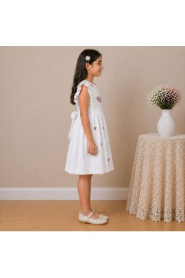 Girls White Cotton Dress with Floral Embroidery & Ruffle Sleeves