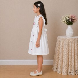 Girls White Cotton Dress with Floral Embroidery & Ruffle Sleeves