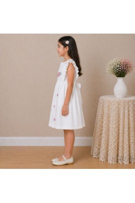 Girls White Cotton Dress with Floral Embroidery & Ruffle Sleeves