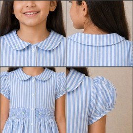 Girls Blue Striped Cotton Dress with Smocked Waist, Puff Sleeves & Collar Neck