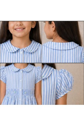 Girls Blue Striped Cotton Dress with Smocked Waist, Puff Sleeves & Collar Neck