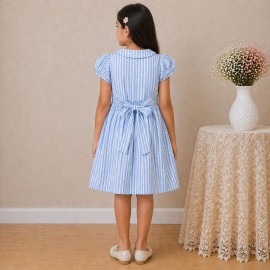Girls Blue Striped Cotton Dress with Smocked Waist, Puff Sleeves & Collar Neck