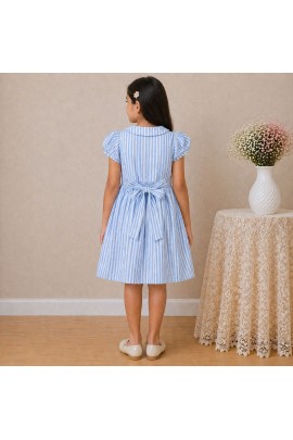 Girls Blue Striped Cotton Dress with Smocked Waist, Puff Sleeves & Collar Neck