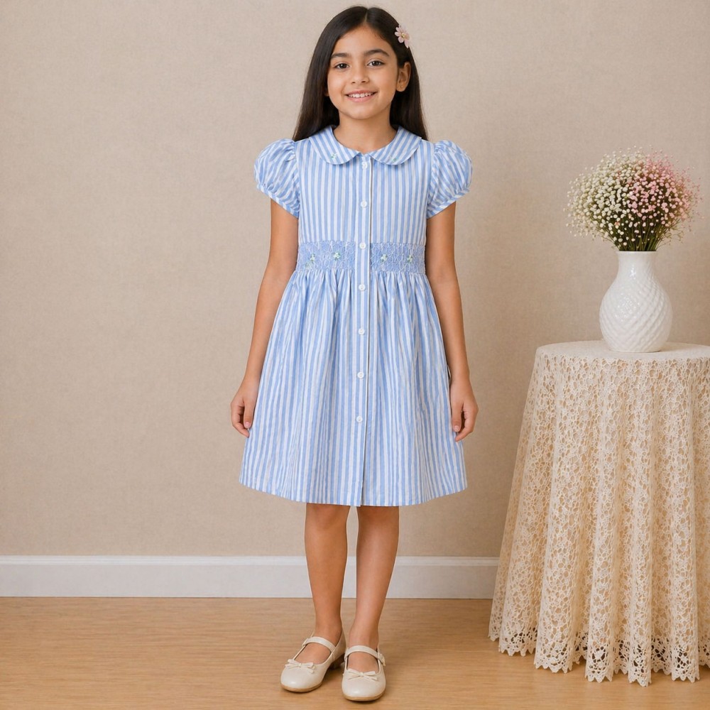 Girls Blue Striped Cotton Dress with Smocked Waist, Puff Sleeves & Collar Neck