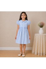 Girls Blue Striped Cotton Dress with Smocked Waist, Puff Sleeves & Collar Neck