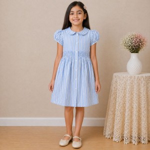Girls Blue Striped Cotton Dress with Smocked Waist, Puff Sleeves & Collar Neck