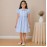 Girls Blue Striped Cotton Dress with Smocked Waist, Puff Sleeves & Collar Neck