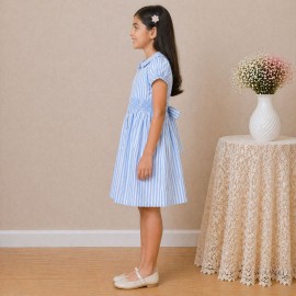 Girls Blue Striped Cotton Dress with Smocked Waist, Puff Sleeves & Collar Neck