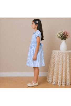 Girls Blue Striped Cotton Dress with Smocked Waist, Puff Sleeves & Collar Neck