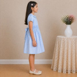 Girls Blue Striped Cotton Dress with Smocked Waist, Puff Sleeves & Collar Neck