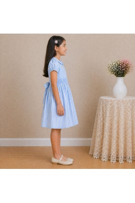 Girls Blue Striped Cotton Dress with Smocked Waist, Puff Sleeves & Collar Neck
