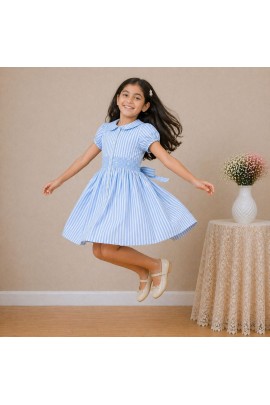 Girls Blue Striped Cotton Dress with Smocked Waist, Puff Sleeves & Collar Neck