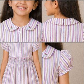 Girls Multicolor Striped Cotton Dress with Smocked Waist, Puff Sleeves & Collar Neck