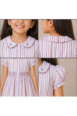 Girls Multicolor Striped Cotton Dress with Smocked Waist, Puff Sleeves & Collar Neck
