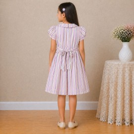 Girls Multicolor Striped Cotton Dress with Smocked Waist, Puff Sleeves & Collar Neck