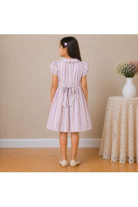 Girls Multicolor Striped Cotton Dress with Smocked Waist, Puff Sleeves & Collar Neck