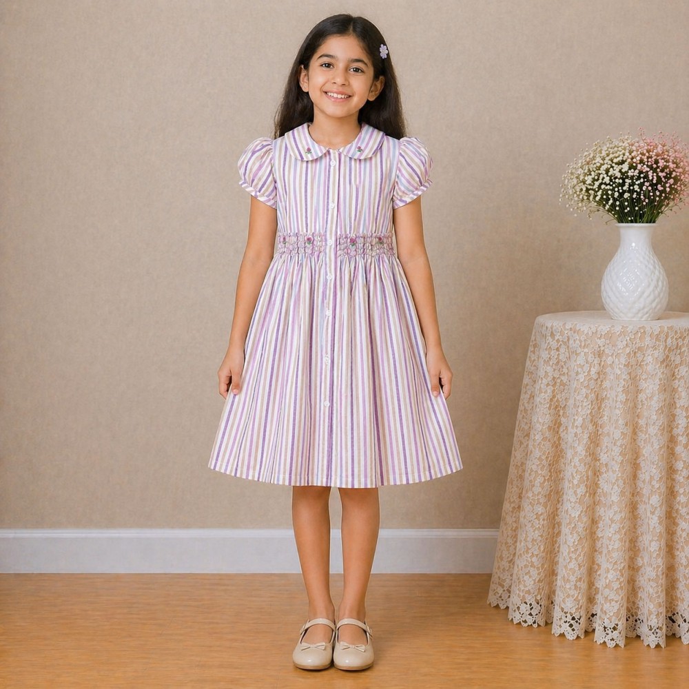 Girls Multicolor Striped Cotton Dress with Smocked Waist, Puff Sleeves & Collar Neck