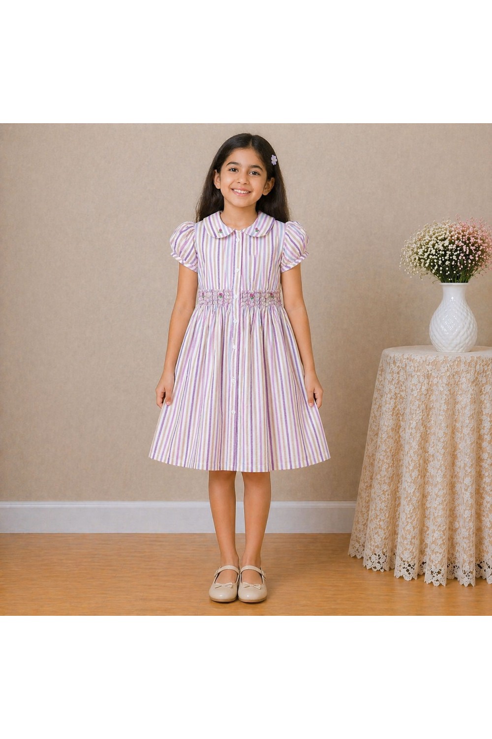 Girls Multicolor Striped Cotton Dress with Smocked Waist, Puff Sleeves & Collar Neck