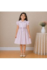 Girls Multicolor Striped Cotton Dress with Smocked Waist, Puff Sleeves & Collar Neck