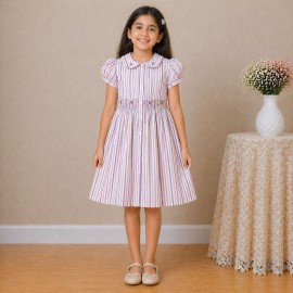 Girls Multicolor Striped Cotton Dress with Smocked Waist, Puff Sleeves & Collar Neck