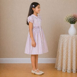 Girls Multicolor Striped Cotton Dress with Smocked Waist, Puff Sleeves & Collar Neck