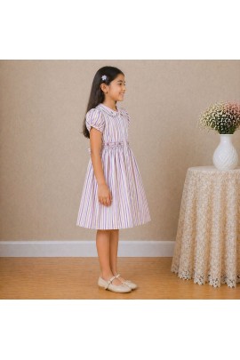 Girls Multicolor Striped Cotton Dress with Smocked Waist, Puff Sleeves & Collar Neck