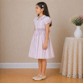 Girls Multicolor Striped Cotton Dress with Smocked Waist, Puff Sleeves & Collar Neck