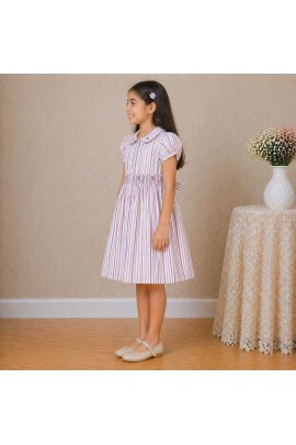 Girls Multicolor Striped Cotton Dress with Smocked Waist, Puff Sleeves & Collar Neck