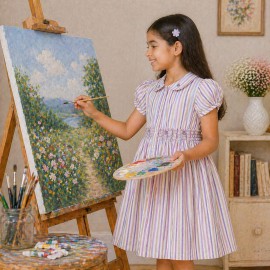 Girls Multicolor Striped Cotton Dress with Smocked Waist, Puff Sleeves & Collar Neck