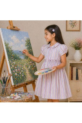 Girls Multicolor Striped Cotton Dress with Smocked Waist, Puff Sleeves & Collar Neck