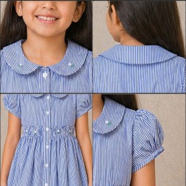 Girls Blue Striped Cotton Dress with Smocked Waist, Puff Sleeves & Peter Pan Collar