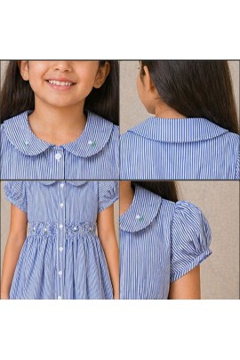 Girls Blue Striped Cotton Dress with Smocked Waist, Puff Sleeves & Peter Pan Collar