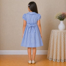 Girls Blue Striped Cotton Dress with Smocked Waist, Puff Sleeves & Peter Pan Collar