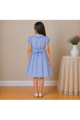 Girls Blue Striped Cotton Dress with Smocked Waist, Puff Sleeves & Peter Pan Collar