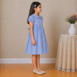 Girls Blue Striped Cotton Dress with Smocked Waist, Puff Sleeves & Peter Pan Collar