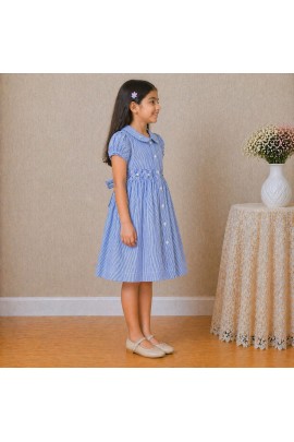 Girls Blue Striped Cotton Dress with Smocked Waist, Puff Sleeves & Peter Pan Collar