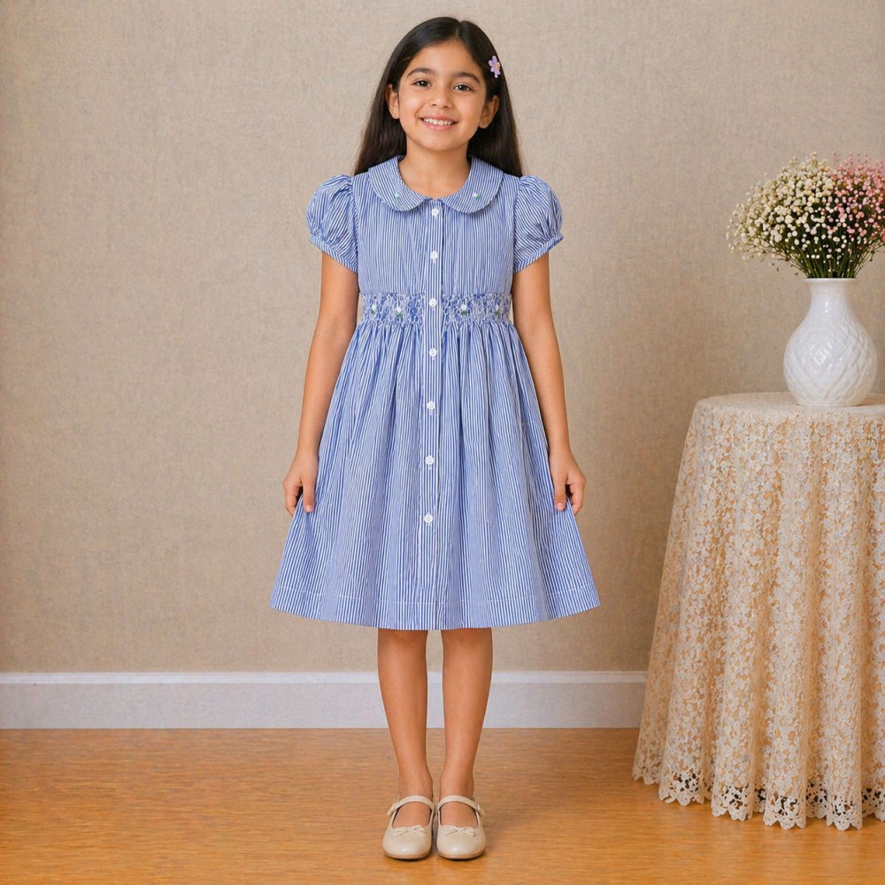 Girls Blue Striped Cotton Dress with Smocked Waist, Puff Sleeves & Peter Pan Collar