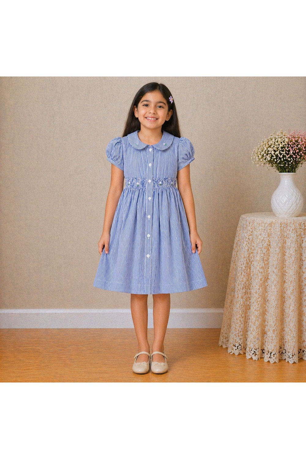 Girls Blue Striped Cotton Dress with Smocked Waist, Puff Sleeves & Peter Pan Collar