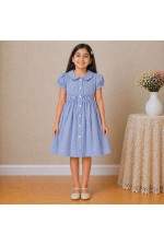 Girls Blue Striped Cotton Dress with Smocked Waist, Puff Sleeves & Peter Pan Collar